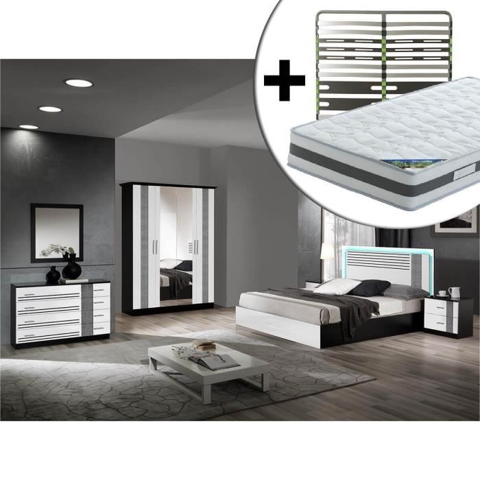 Ravenne - Chambre Complète 160x200cm Noire et Blanche + Sommier AltoZone + Matelas Seychelles