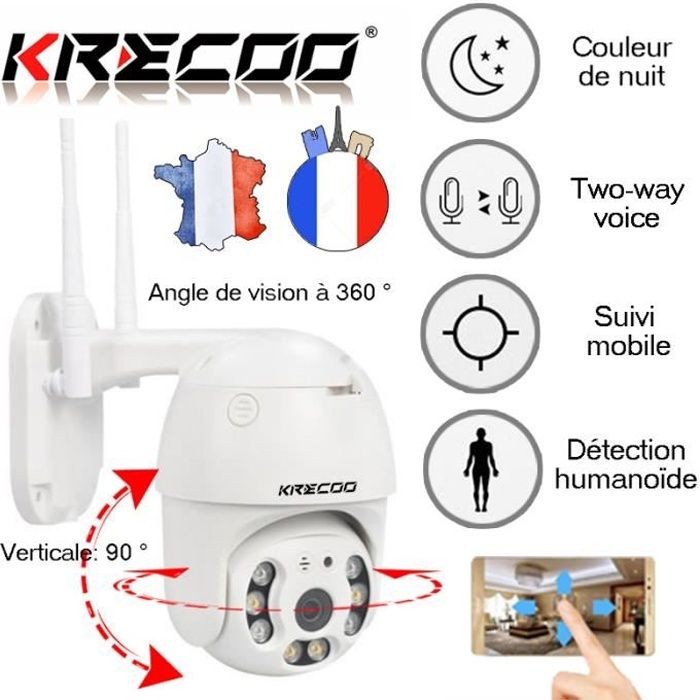 KRECOO®Intelligente Caméra IP 1080P Exterieur Étanche WiFi intérieur Sécurité HD Support TF 128G Détection de IR Vision Nocturne