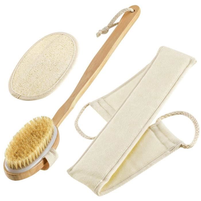 Brosse de Bain Brosse Dos Douche et Loofah Exfoliante Gratte dos et Gant Exfoliant - Brosse de Douche pour Corps Brossage a Sec-3pcs