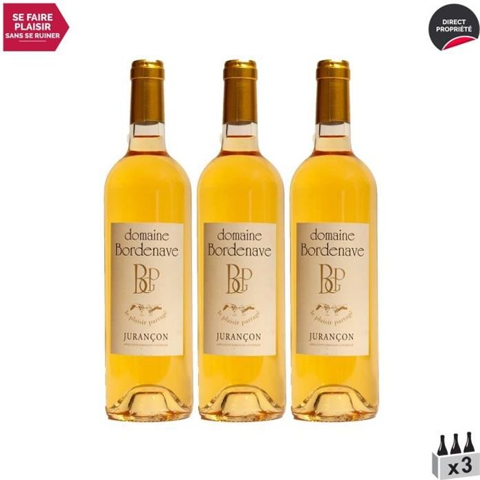 Jurançon Moelleux Le Plaisir Partagé Petit Manseng Blanc 2018 - Lot de 3x75cl - Domaine Bordenave - Vin Doux AOC Blanc du Sud-Ouest