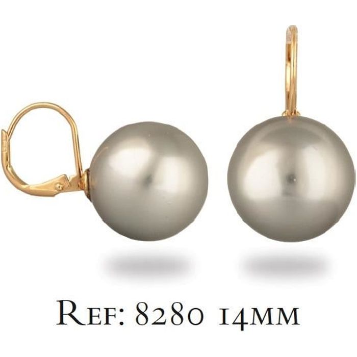 Boucles d'oreille plaqué or dormeuse avec perle d'imitation grise 14MM - 8280-GRIS-14MM