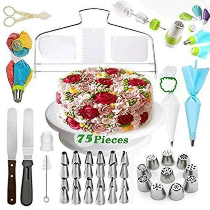 Kit de Décoration de Gâteau, Plateau Tournant de Gâteau, Douilles Pâtisserie, Douilles de Poches, Ustensiles de Pâtisserie - 75Pcs