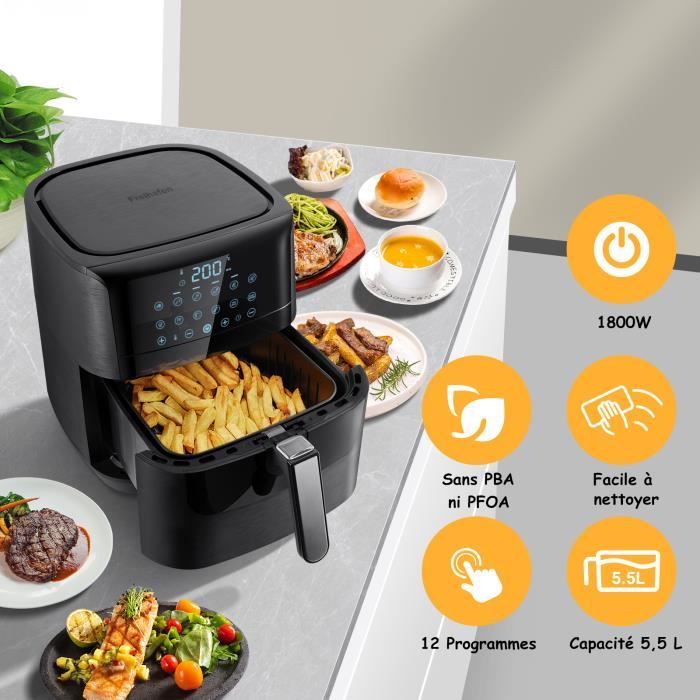 5,5 L Friteuse à air sans huile avec 12 programmes prédéfinis, 1800W Friteuse électrique Ecran Tactile LED, 80-200°C, 1-60 min, Noir