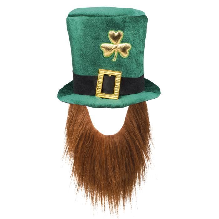 St Patricks Day Green Leprechaun Top Hat with Ginger Beard Fancy Dress Accessory