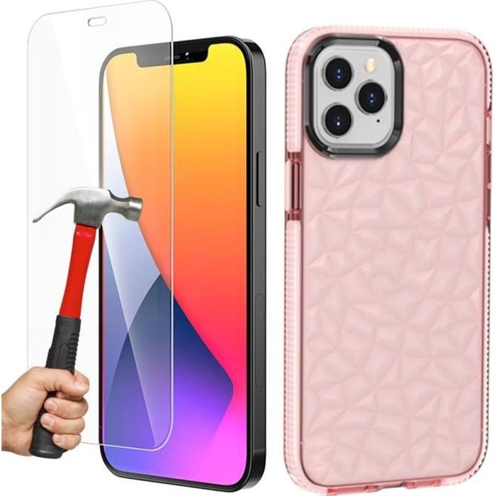 Coque Silicone + Protection d'écran pour iPhone 12 Pro Max, Antichoc Solide 3D Élégant Motif Diamant - Rose