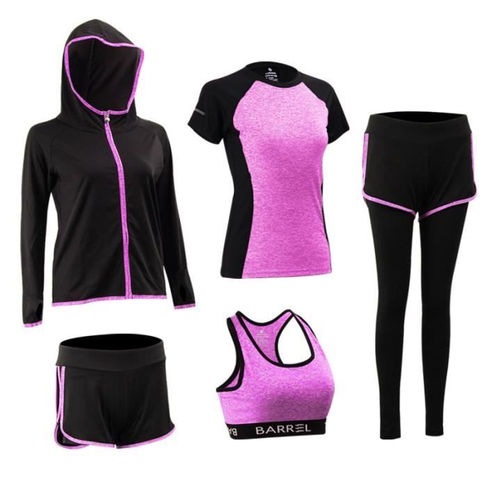 Ensemble De Vêtements De Sport Femme 5 pièces Cintrée (T Shirt+Soutien-Gorge+Pantalon+Veste+Short) Entraînement Yoga Séchage Rapide