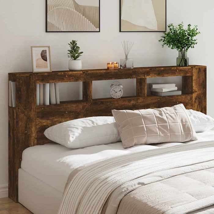vidaXL Tête de Lit à LED Accessoire de Lit Tête de Cadre de Lit Meuble de Chambre à Coucher Chêne Fumé 200x185x1035cm 837369