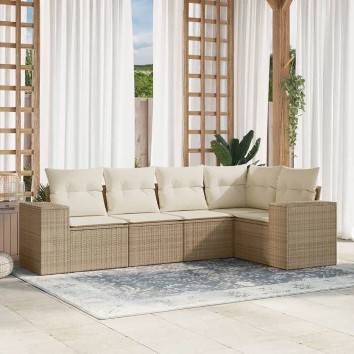 vidaXL Salon de Jardin avec Coussins 5 pcs Canapés de Terrasse Ensemble de Meubles de Patio Mobilier dExtérieur Beige 3254865