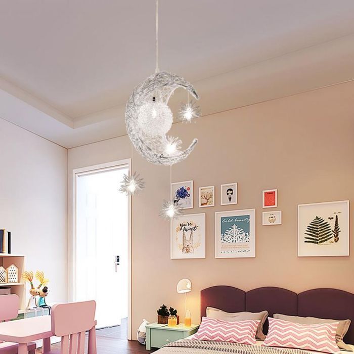 WOTTES Ø20CM Suspension Luminaire Mini Lune Étoiles LED Lustre avec 5 Ampoules Éclairage pour Chambre 1PCS Blanche Froide