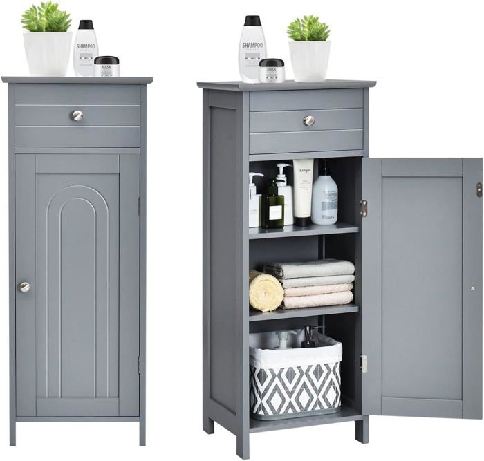 GIANTEX Meuble Colonne Salle de Bain H 88cm-1 Tiroir et Placard à 3 Etages avec Porte-Étagères Réglables-Meuble de Rangement-Gris