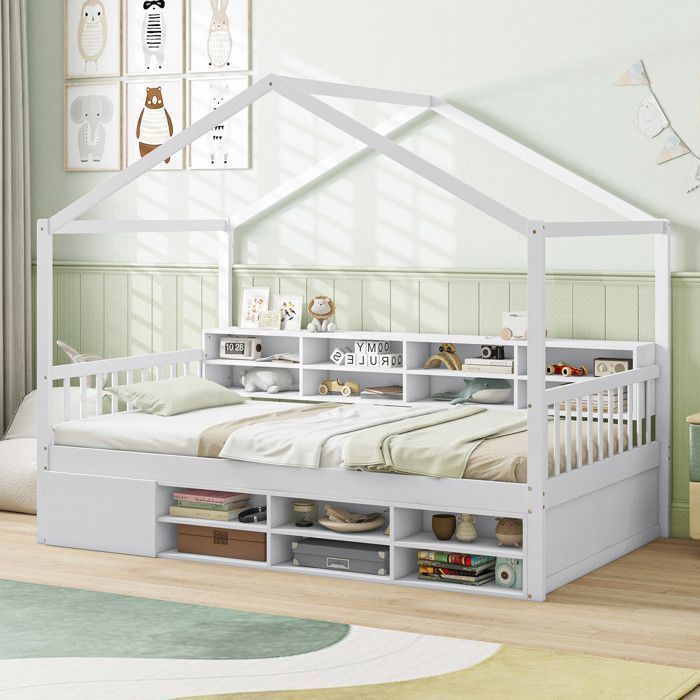 Lit Simple 90x200cm COSTWAY avec Toit 14 Cubes de Rangement Armoire avec Porte Structure de Lit denfants avec Sommier à Lattes
