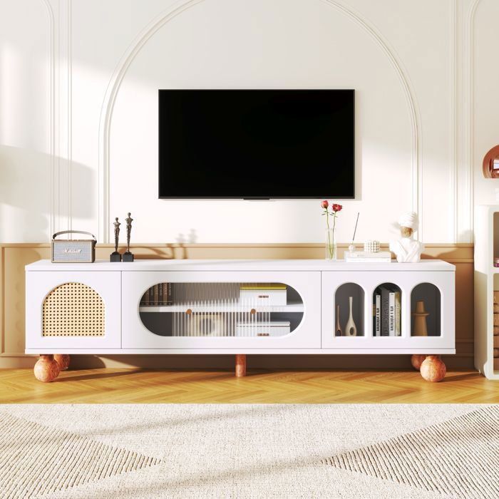 Meuble TV Elégant Table de Télévision Portes Coulissantes en Verre Zones Voûtées Ouvertes Pieds Bois Massif Blanc 170x37x47cm