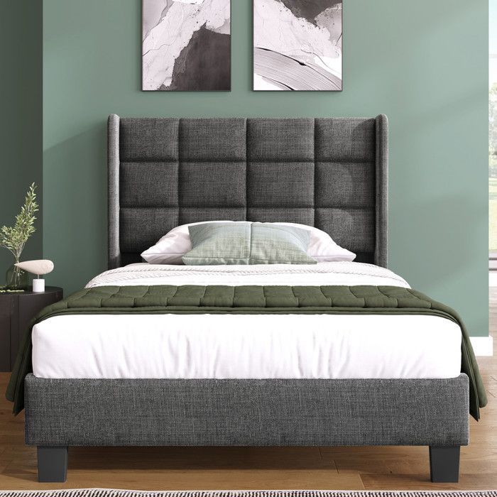 Lit simple 90x200 cm - Cadre en lin gris - Tête de lit rembourrée - Sommier à lattes inclus - Design intemporel