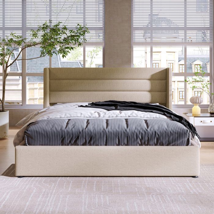 Lit double 140x200 cm - Lin beige - Coffre de rangement hydraulique - Tête de lit rembourrée - Design moderne
