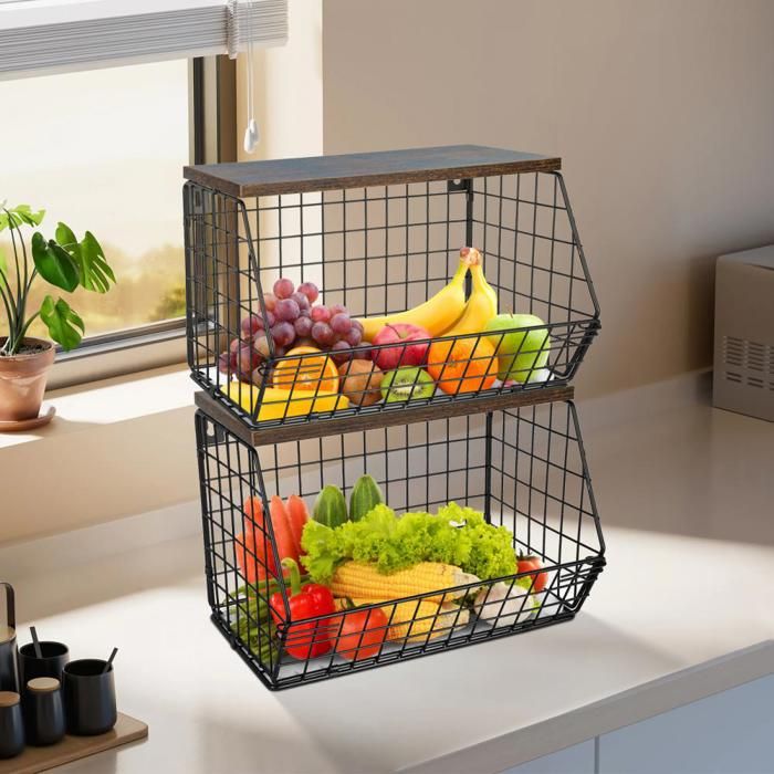 JEOBEST Panier a Fruit Etagere de Murale Cuisine 2 Etages Corbeille a Fruit avec un Couvercle en Bois 30*20*21cm