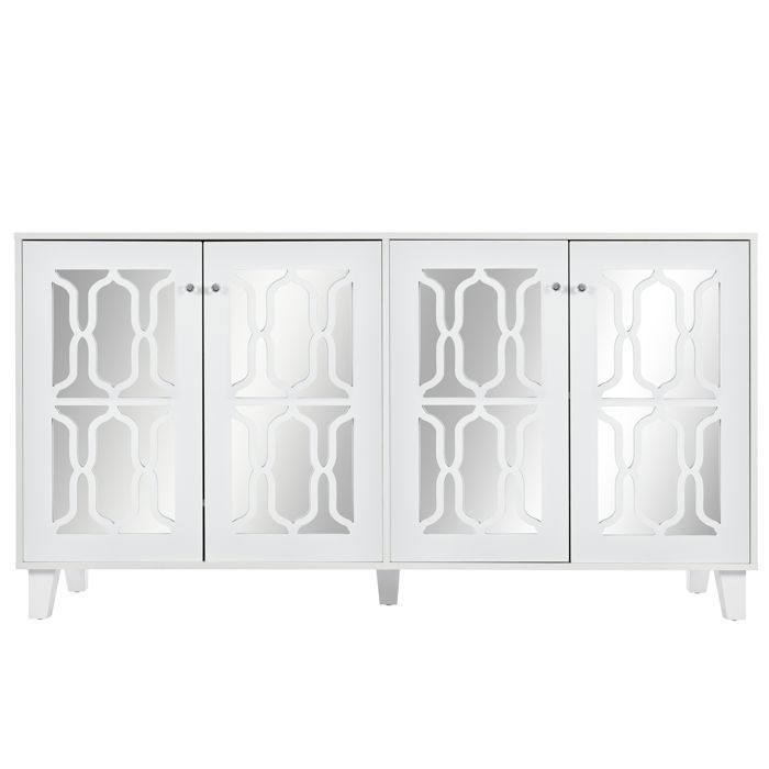 Buffet - Miroir blanc - 4 portes élégantes - Poignées en cristal - 160 cm