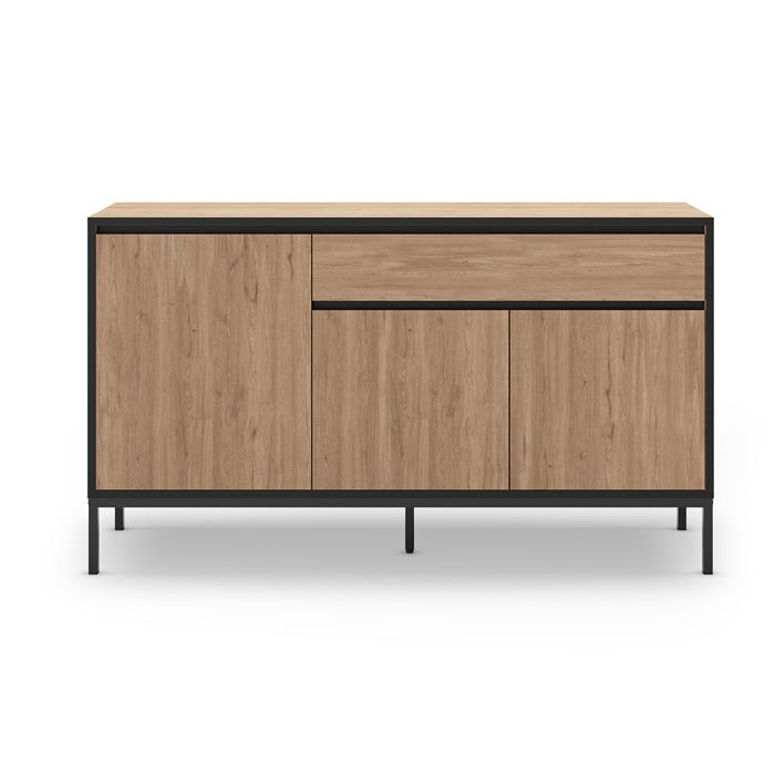 Meuble TV Meuble de salon avec 3 portes et 1 tiroir aspect bois coloris naturel et pieds en métal noir