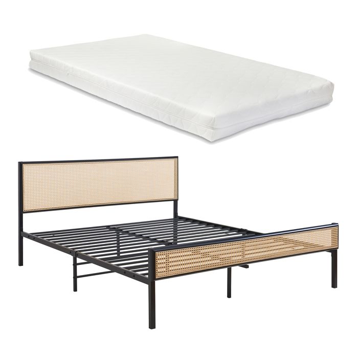 Lit en métal Linköping avec tête de lit rectangulaire et matelas 160 x 200 cm noir / effet rotin Lit en métal Linköping avec tête de lit rectangulaire et matelas 160 x 200 cm noir / effet rotin