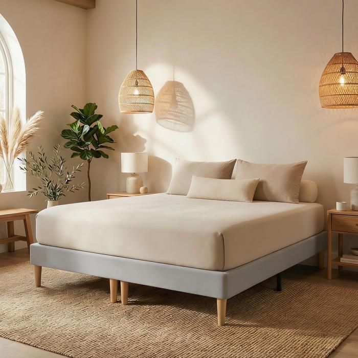 Sommier tapissier RENNES 180 x 200 cm structure en bois et revêtement en tissu gris cadre de lit avec pieds