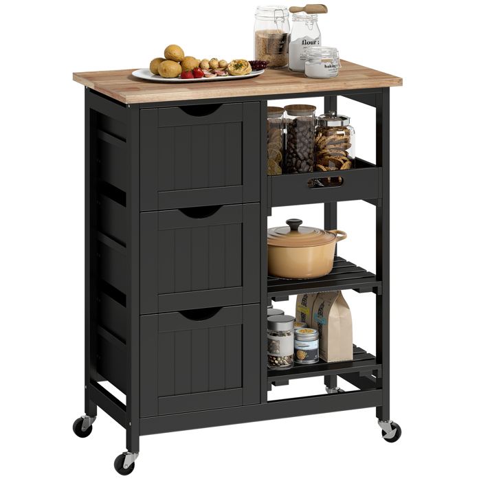 Desserte de cuisine - HOMCOM - sur roulettes - plan de travail en bois dhévéa plateau amovible - MDF - 67 x 37 x 85 5 cm - noir Desserte de cuisine - HOMCOM - sur roulettes - plan de travail en bois dhévéa plateau amovible - MDF - 67 x 37 x 85 5 cm - noir