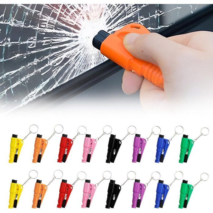 Porte-clés marteau de sécurité 4 en 1 16 pièces – Coupe-ceinture avec sifflet et brise-vitre – Outil durgence portable et compact