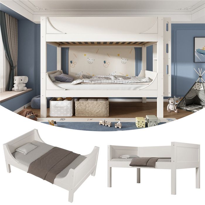 Lit superposé 2 places 90x200 blanc avec sommier pour enfant lit double émontable avec échelle en bois massif à lattessans