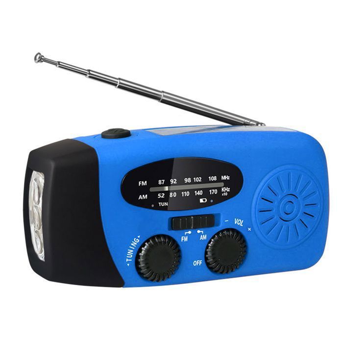 Radio Portable Polyvalent pour outdoor - AM/FM Recharge manivelle Solaire & USB - Batterie 600mAh Lampe LED Étanche IPX3 - Bleu
