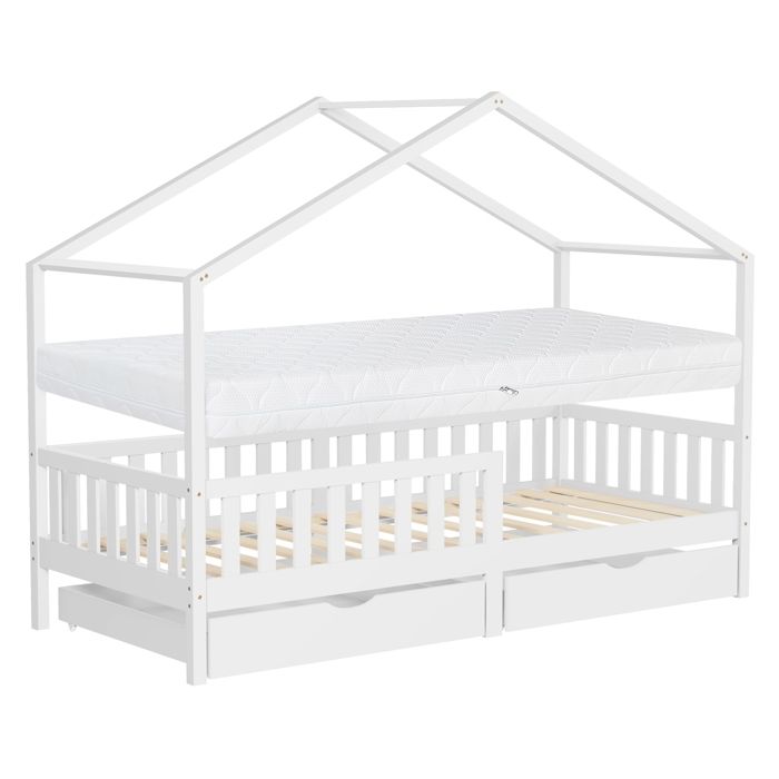 Lit cabane enfant ML-Design 90x200cm blanc avec matelas H16 tiroirs antichute toit sommier à latte