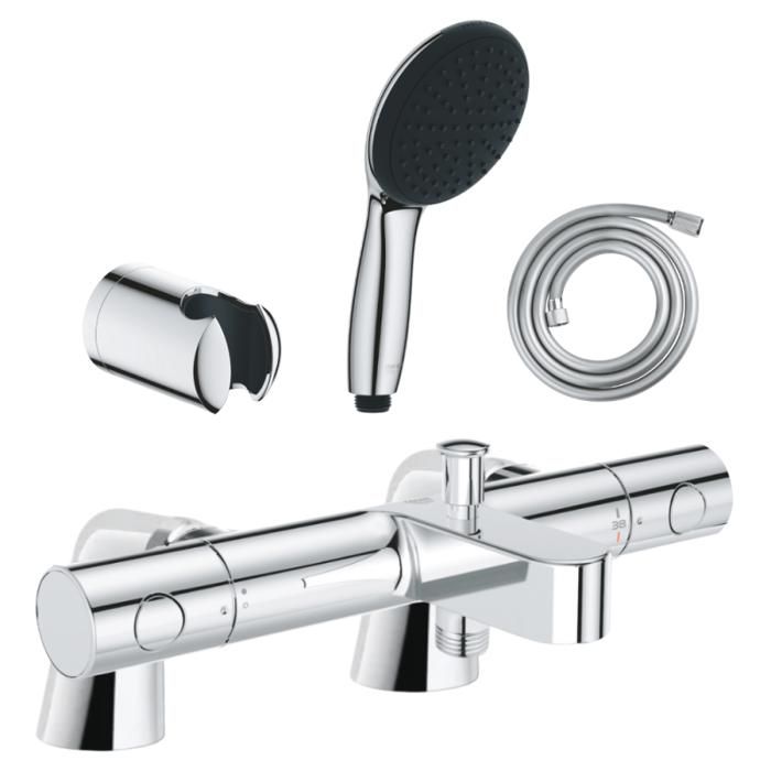 Grohe Pack mitigeur bain douche thermostatique Grohtherm 800 cosmopolitan + douchette ronde 2 jets + flexible + support