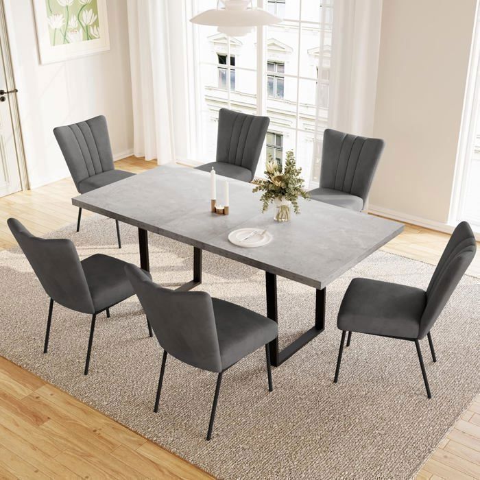 JIEXI Ensemble de salle à manger avec table à rallonges et 6 chaises extensible de 130 à 170 cm (1 table et 6 chaises grises)