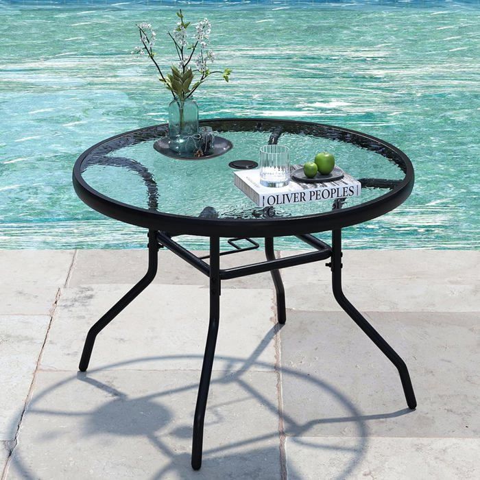 Table Basse de Jardin Extérieur Intérieur COSTWAY Plateau en Verre Trempé Trou pour Parasol Cadre en Métal Table de Bistrot Rond