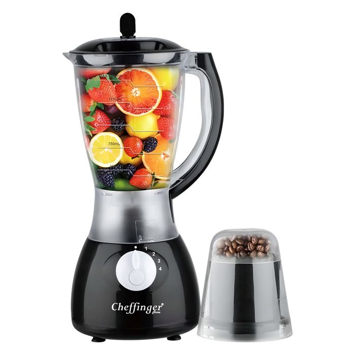 CHEFFINGER Blender 1,5L 1000W &agrave; 4 Vitesses avec Broyeur 6 Lames Inoxydables Noir