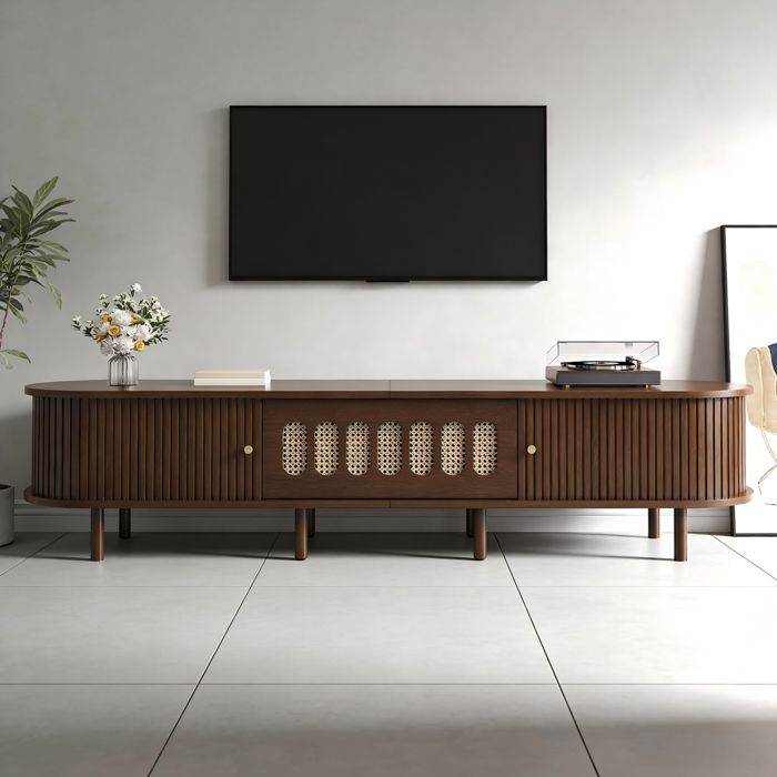 Meuble TV Ovale en Noyer Foncé Design en Rotin Banc TV avec 2 Portes Coulissantes et 1 Porte Pliante Capacité de Charge 30kg