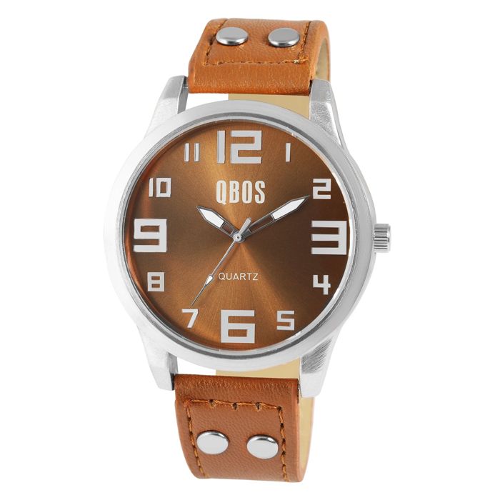 Montre - QBOS - QB0029 - Boîtier métal 46 mm - Bracelet simili cuir marron 22 mm - Mouvement quartz