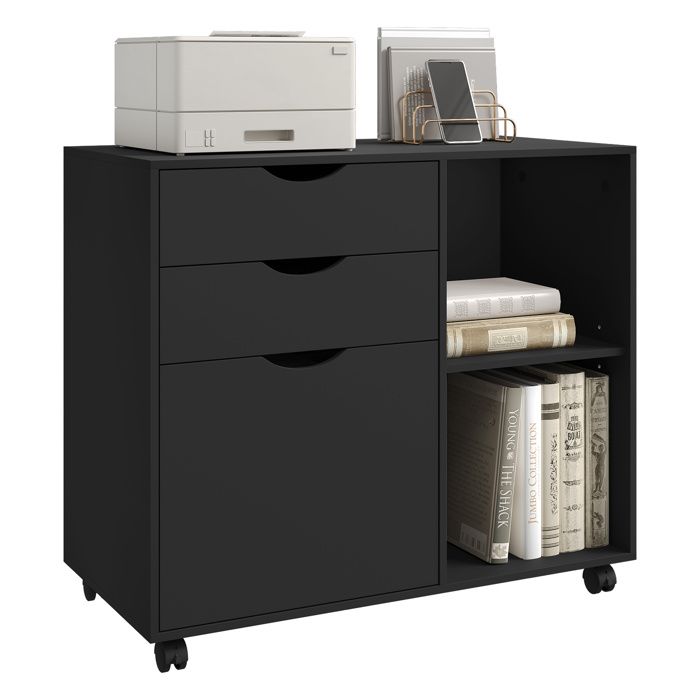 Caisson de Bureau - WOLTU Armoire à Dossiers sur roulettes - Bois dIngénierie - Noir W0ATT0940