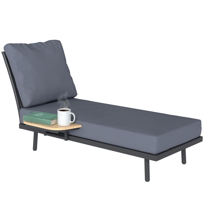 Chaise longue de jardin - Outsunny - avec coussin lavables et étagère latérale - oléfine métal - 58x137x75cm - gris
