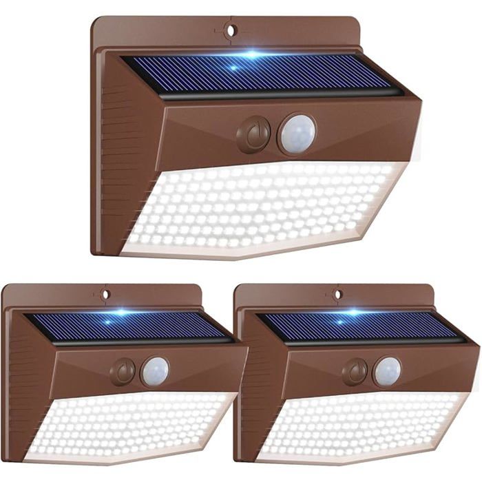 Lumiere Solaire Exterieur 138LED Lampe Solaire avec Detecteur de Mouvement Étanche 3 Lot de 3 Blanc Froid-bordure Marron