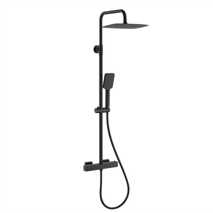 Mitigeur de douche thermostatique-Carré-Sortie sup/inf-Douche pluie 10 inox-Douchette carrée-Noir mat