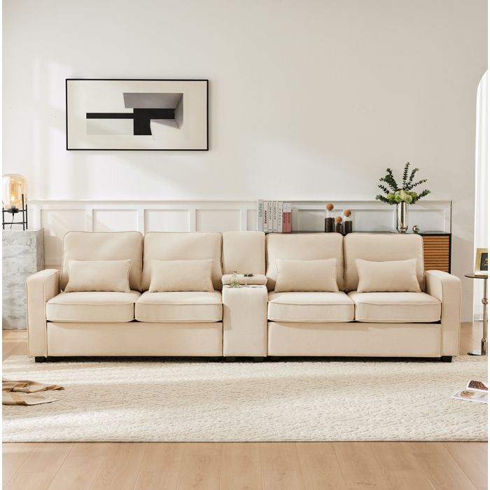 Canapé 4 places beige L 290 x P 83 x H 88 cm USB 2 porte-gobelets rangements