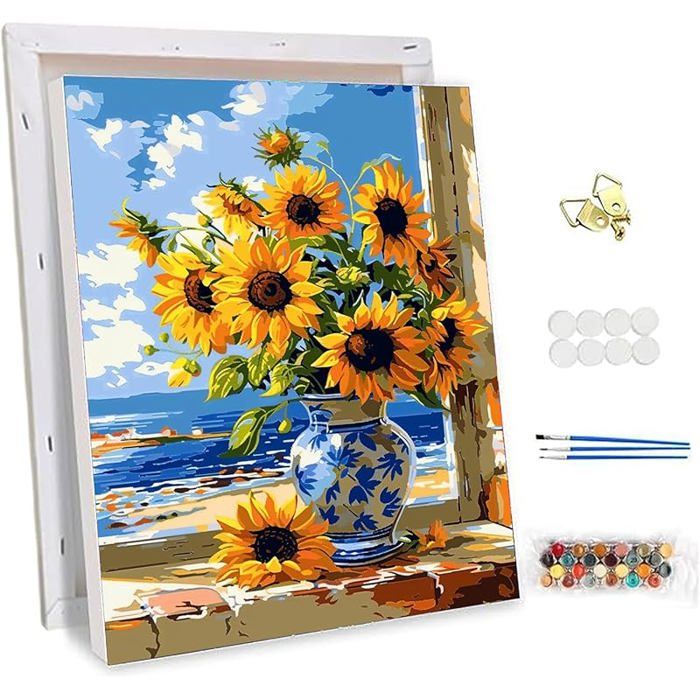 Kit Peinture Par Numéro Adulte MEIYUDA – Vue Mer Fleurs, Toile 30x40cm Avec Cadre, Acrylique Débutant