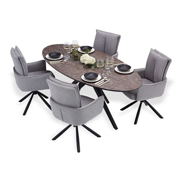 Table salle à manger ovale marron noir 4 chaises grises