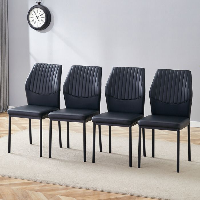 [Set de 4 personnes] Chaises de salle à manger de style léger-luxe : coulisse en PU noire avec emboîtage vertical + jambes en métal
