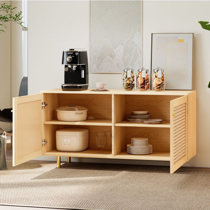 Meuble buffet rustique en osier armoire de rangement à deux portes finition bois naturel H63/B120/T40 cm