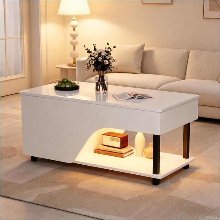 Table Basse Blanche 100x50cm Hauteur Modulable LED Laqué Brillant rangement caché et étagère latérale salon Table Basse Blanche 100x50cm Hauteur Modulable LED Laqué Brillant rangement caché et étagère latérale salon