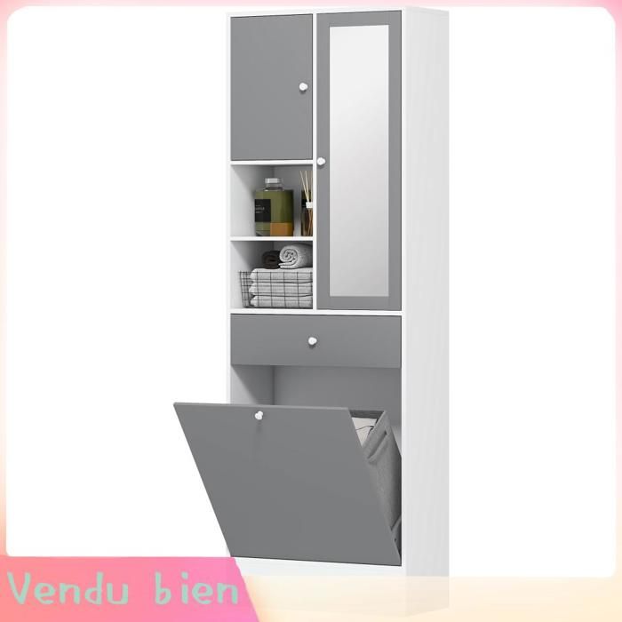 LIA Meuble salle bain gris/blanc 62x28 3x181cm panier linge miroir étagère réglable