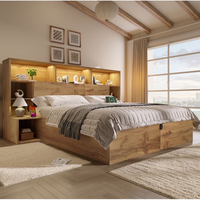 Lit coffre 180 x 200 cm EVRYAE avec sommier à lattes LED USB-A/USB-C tables de chevet intégrées effet chêne