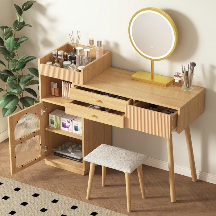 Coiffeuse avec miroir et éclairage 3 couleurs Ensemble de coiffeuse avec trois tiroirs  en bois naturelle(sans tabouret)