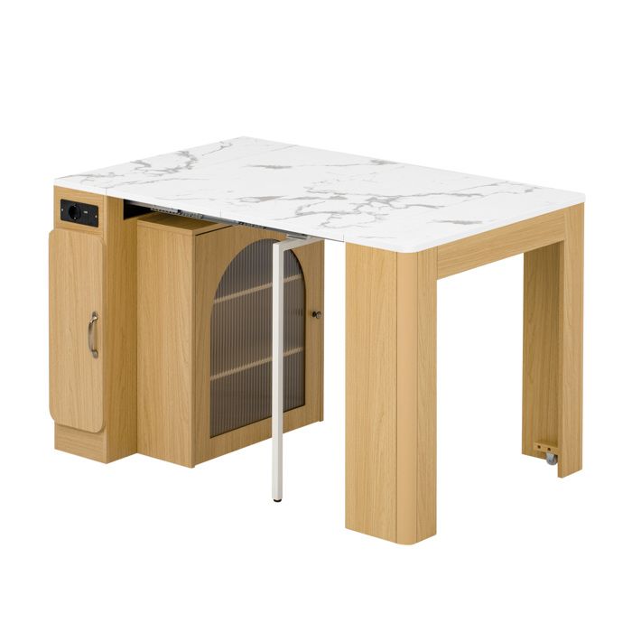 Îlot de cuisine sur roulettes table à manger extensible plateau amovible desserte avec prises bois naturel