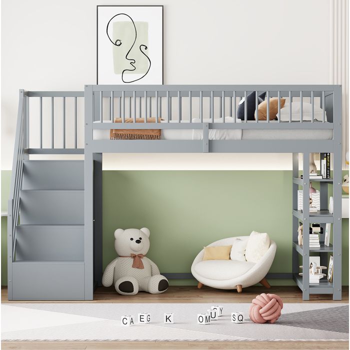 ROVRYN Lit mezzanine 90 x 200 cm en bois massif gris avec armoire étagères rangements et escalier sécurisé