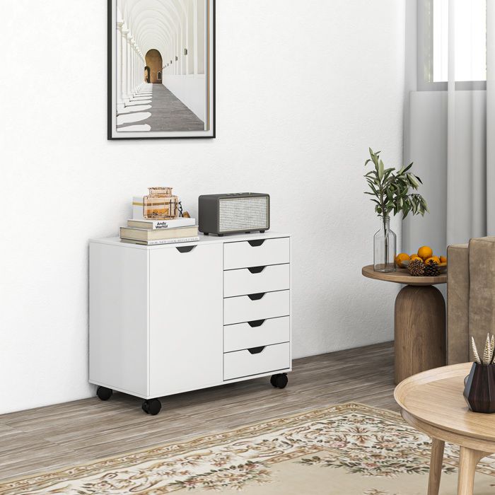 Caisson de bureau à roulettes blanc avec 5 tiroirs étagère réglable et support pour imprimante